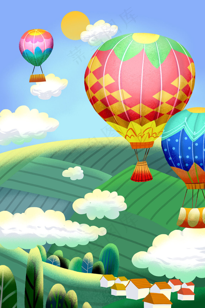 绿色系卡通手绘风小暑夏日热气球配图