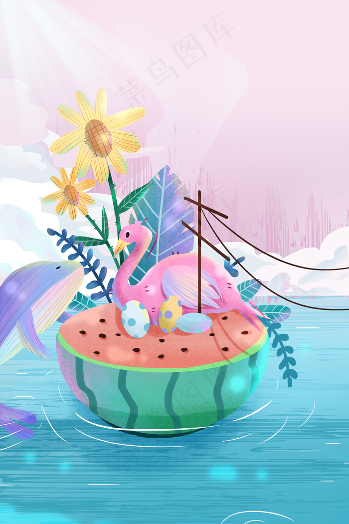 夏天立夏夏日初夏夏至大暑火烈鸟鲸鱼插画