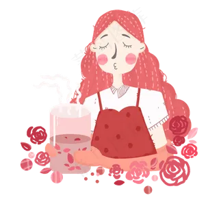 秋季卡通手绘养生女孩泡玫瑰花茶