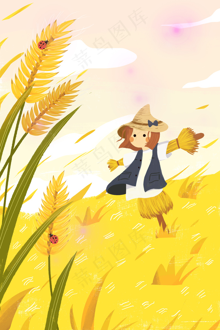 24节气芒种黄色田野稻草人卡通风景插画