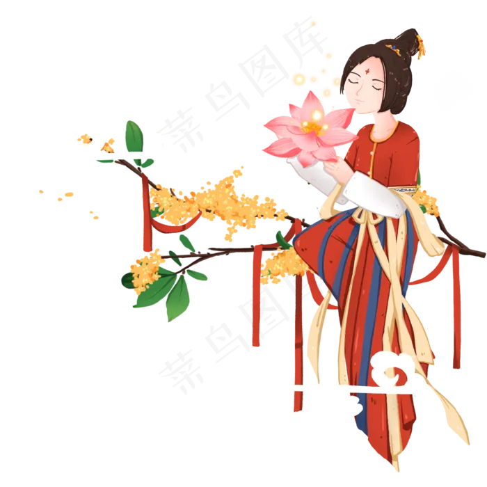 传统节日装饰手捧荷花坐在树梢的(2000X2000(DPI:300))psd模版下载