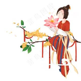 传统节日装饰手捧荷花坐在树梢的