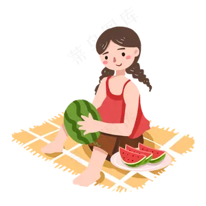 夏至女孩坐地吃西瓜PNG