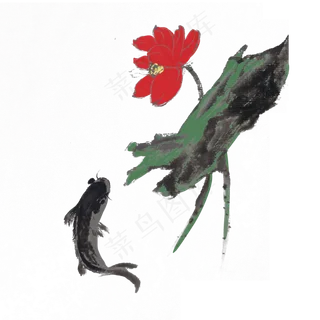 夏季水墨荷花鱼手绘