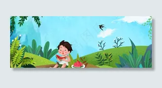 夏至小清新卡通吃西瓜的男孩banner