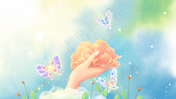 蓝色唯美卡通春天4月春季手托着花配图