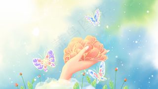 蓝色唯美卡通春天4月春季手托着花配图