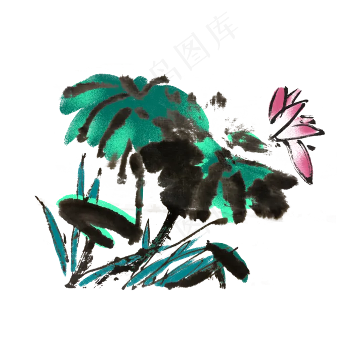 荷花荷叶水墨手绘风(4000X4000(DPI:300))psd模版下载