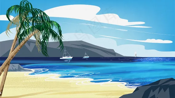 夏天海边沙滩椰树风光