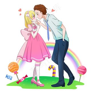 卡通男女情人节甜蜜亲吻,免抠元素