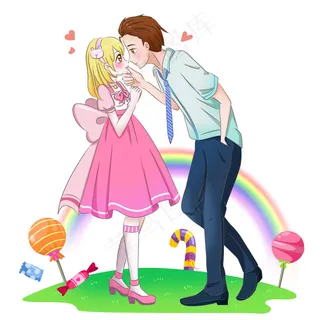 卡通男女情人节甜蜜亲吻,免抠元素