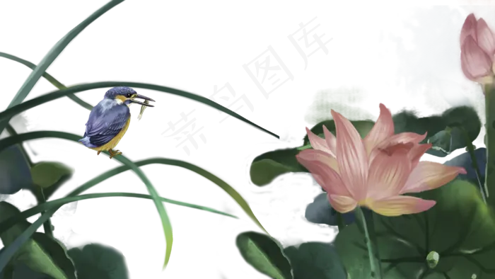 中国风花鸟夏荷翠鸟河鱼边框横,免抠元素(2880X1620(DPI:300))psd模版下载