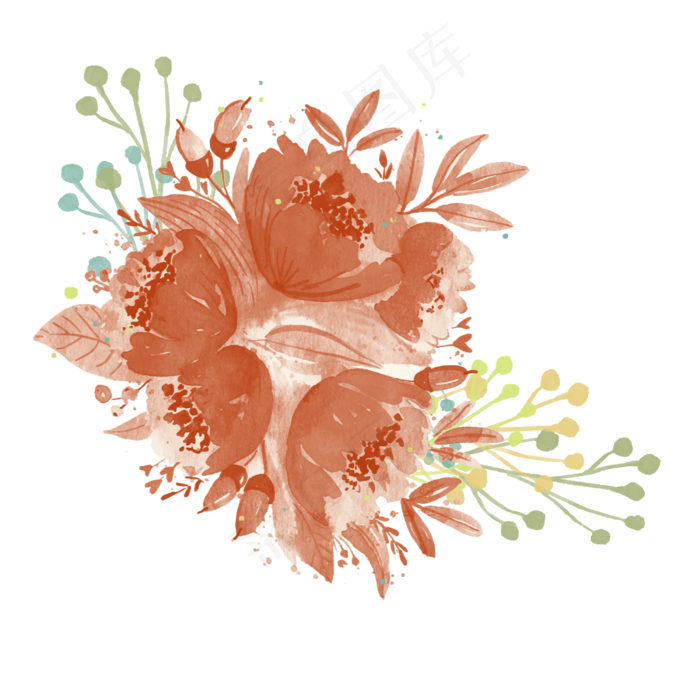水彩鲜花花团装饰植物(2500X2500(DPI:300))psd模版下载