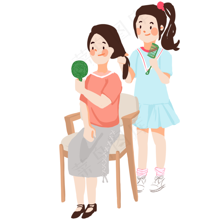 母亲节帮妈妈梳头发的女孩,免抠元素