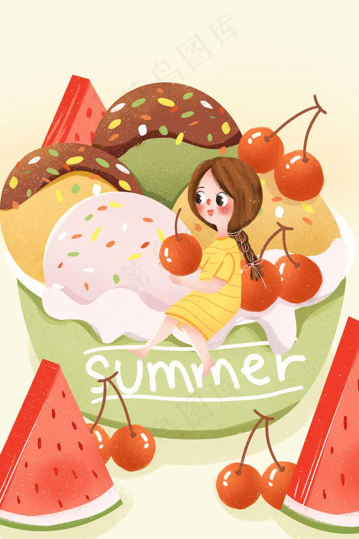 小清新夏日女孩吃冰淇淋(3545*5315px 300 dpi )psd模版下载