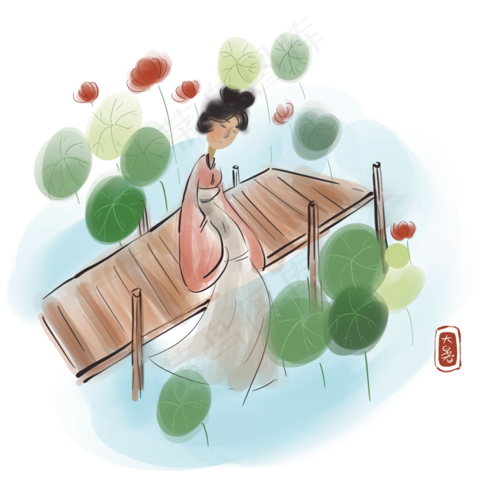 二十四节气大暑水墨人物(2000X2000(DPI:300))psd模版下载