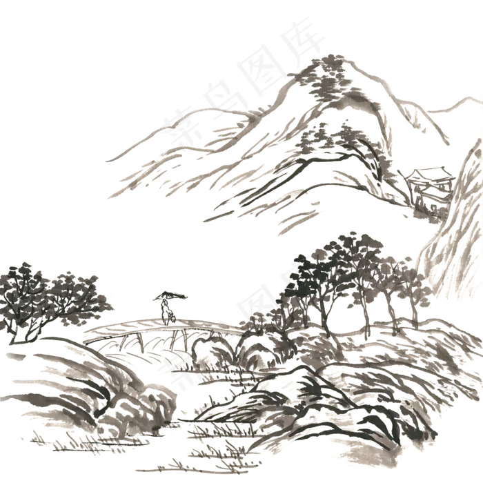 古风线描山水水墨画PNG免抠素材(4724X4724(DPI:300))psd模版下载