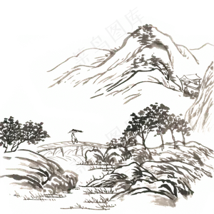 古风线描山水水墨画PNG免抠素材