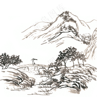 古风线描山水水墨画PNG免抠素材