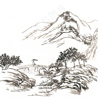 古风线描山水水墨画PNG免抠素材