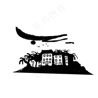 中国风水墨海边椰子树楼房建筑楼