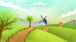 春天春分草原风车场景