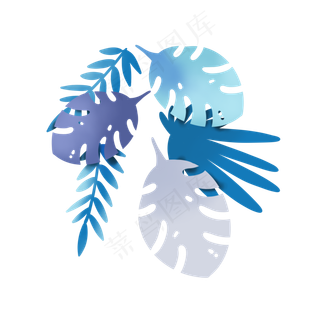 清凉夏日蓝色剪纸树叶叶子