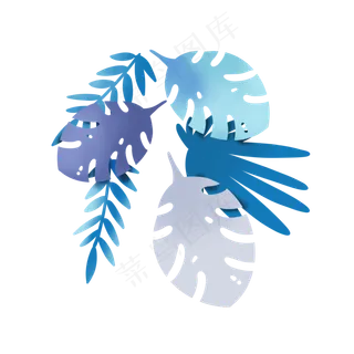 清凉夏日蓝色剪纸树叶叶子