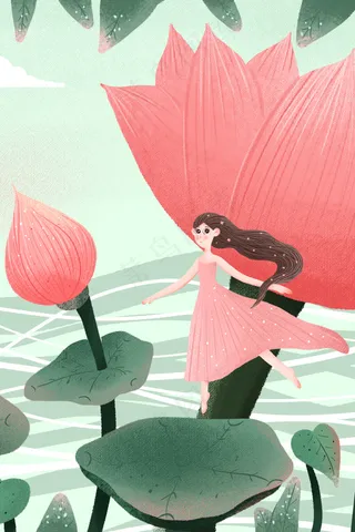 立夏荷花荷叶小女孩