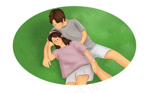 手绘草地上的情侣