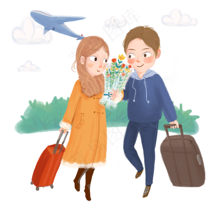 手绘春运下飞机插画