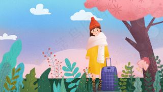 手绘风格五一出游女孩提行李箱踏青旅游