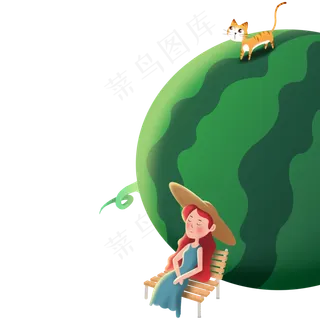 卡通小女孩在西瓜田免抠图