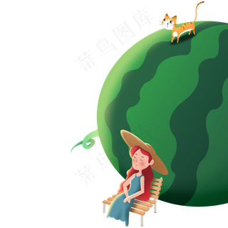 卡通小女孩在西瓜田免抠图