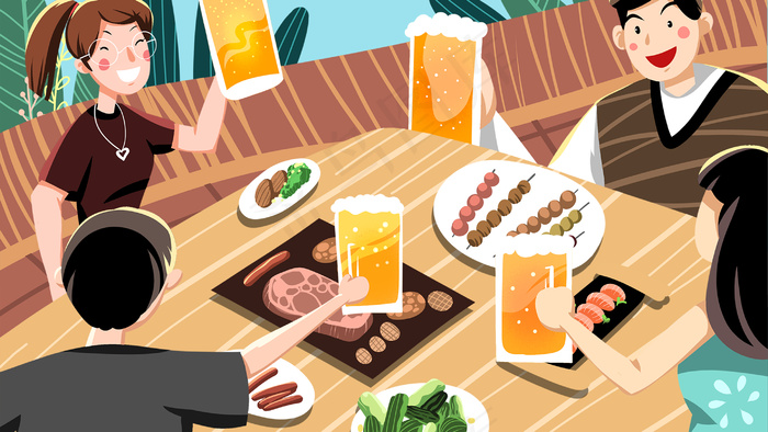 卡通手绘风美食啤酒烧烤配图(2880*1620px 300 dpi )