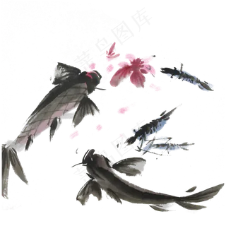 夏天水墨鱼虾手绘