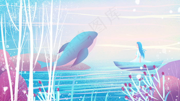 梦幻文艺女孩与鲸鱼插画