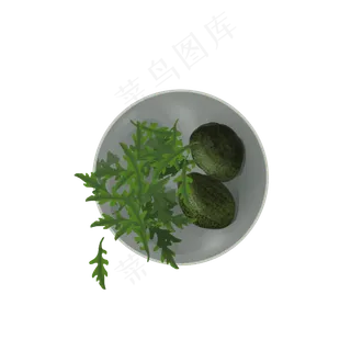 手绘装着艾草和青团的陶盘 手绘装着艾草和青团的陶盘