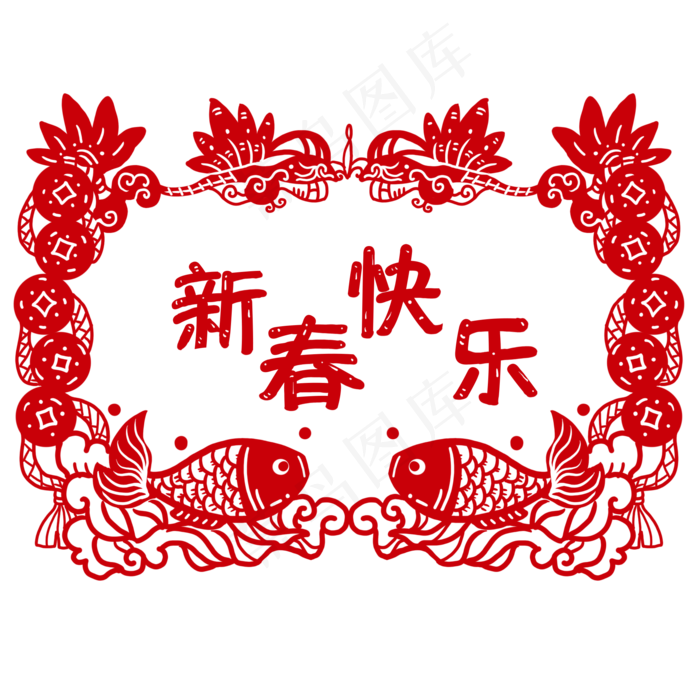 春节新春荷花精致边框,免抠元素