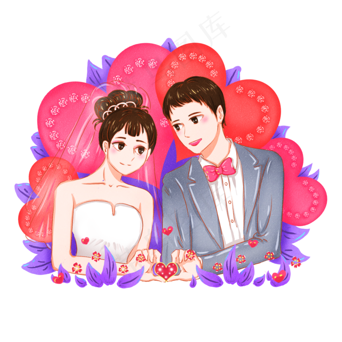 手绘结婚请柬西式新婚夫妻卡通形,免抠元素