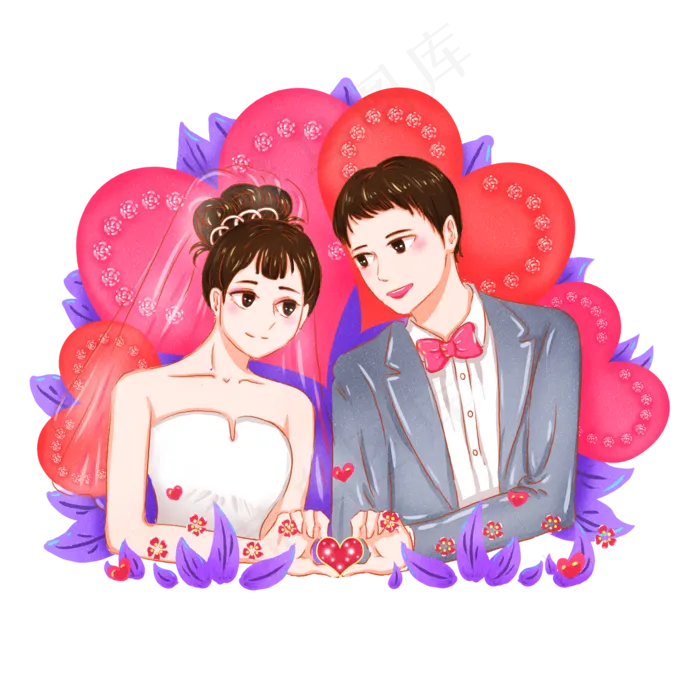手绘结婚请柬西式新婚夫妻卡通形,免抠元素(1024*1369px 72 dpi )psd模版下载