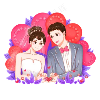 手绘结婚请柬西式新婚夫妻卡通形,免抠元素