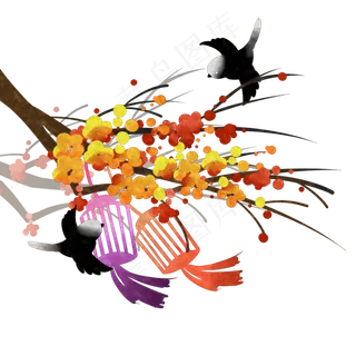 2020新年花枝灯笼鸟雀,免抠元素