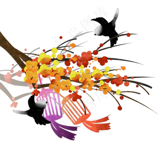 2020新年花枝灯笼鸟雀,免抠元素