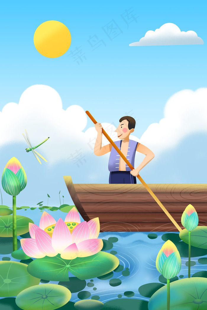 蓝色系卡通手绘风夏景荷塘月色配图