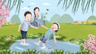 二十四节气春季游玩踏青桃花柳绿风景