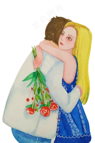 情人节七夕拥抱的情侣水彩手绘