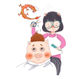 春节猪年2月2龙抬头美发剃头PNG,免抠元素