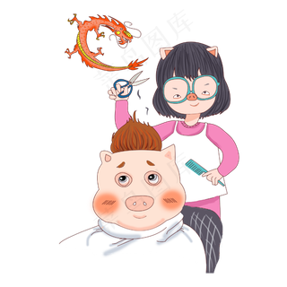 春节猪年2月2龙抬头美发剃头PNG,免抠元素