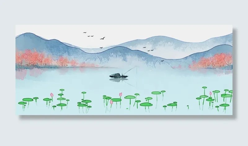水墨山水春塘新荷中国风PNG素材,免抠元素(1920*800px 300 dpi )psd模版下载